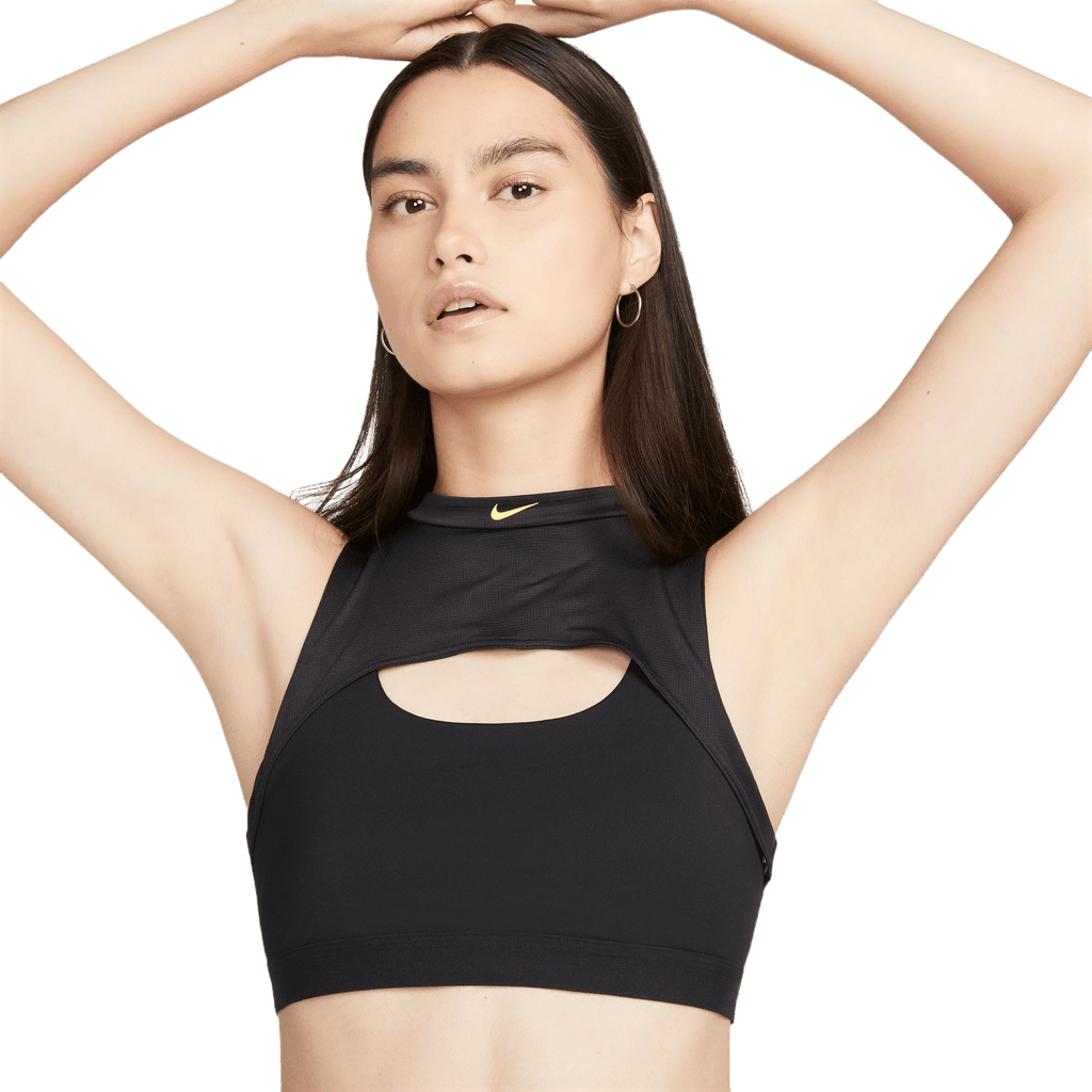 A sport bra with a mock neck and… a front like this? Idk how to